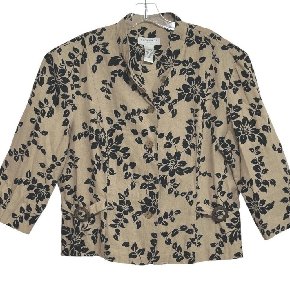 Sag Harbor Blazer Women Tan Black Floral Linen 3/4 Sleeve Coastal Layering 18